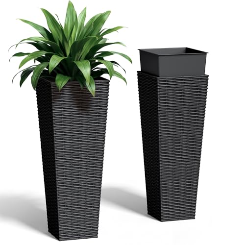 Greesum 23 Inch Tall Plastic Planters with Rattan Texture – Set of 2, Black - color: Black, size: 24" without Tray