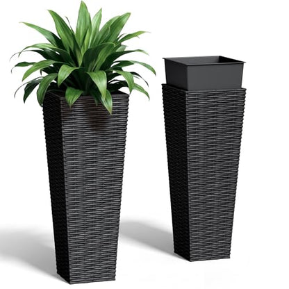Greesum 23 Inch Tall Plastic Planters with Rattan Texture – Set of 2, Black - color: Black, size: 24" without Tray