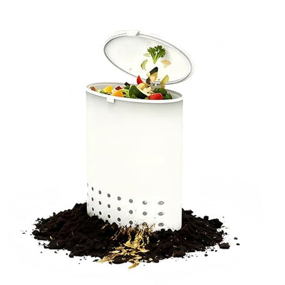 700ML Mini In-Ground Food Scrap Container with Garden Scoop, White Small Odor-Controlled Bin for Planters, Garden, Home & School, Eco-Friendly Kitchen Waste Storage
