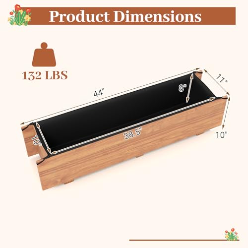 HAPPYGRILL Wooden Raised Garden Bed with 4 Drainage Holes, Black Liner - size: 44" x 11" x 10"