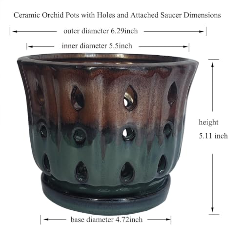 Ceramic Orchid Pot 6'' Orchid Planter (Brown Over Turquoise) - color: Brown Over Turquoise