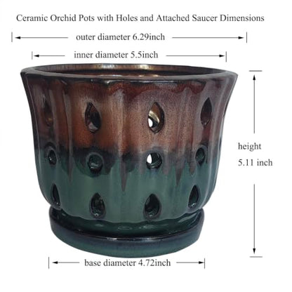 Ceramic Orchid Pot 6'' Orchid Planter (Brown Over Turquoise) - color: Brown Over Turquoise