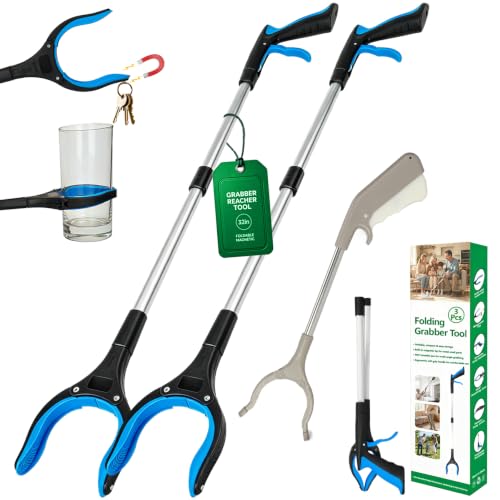 3 Pack Grabber Reacher Tool,2pc 32" Foldable Reacher Grabber Pickup Tool with Magnet and 360° Swivel Claw & 16" Stainless Steel Grabbers,Heavy Duty Trash Reacher for Seniors,Garden Nabber Picker - color: 3 Pack