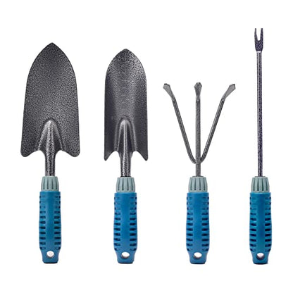 4 Piece Garden Tool Set Heavy Duty, Gardening Hand Tools Work No-Slip Grip Trowel Transplanter Weeder Hand Rake, Ergonomic Handle Indoor Outdoor