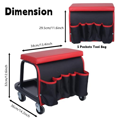 Rolling Mechanic Garage Stool on Wheels with Side Pockets, Red - color: Red