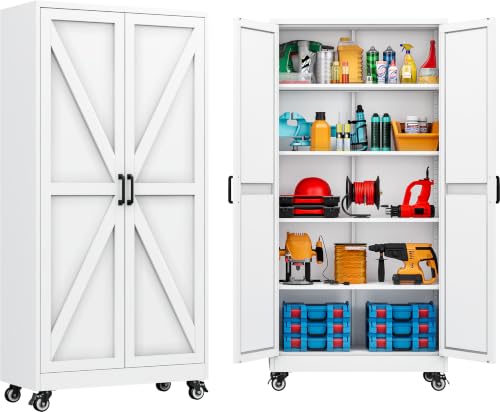 SISESOL 71" Tall Metal Storage Cabinet with Wheels,Rolling Garage Storage Cabinet,White Metal Cabinets with Wheels and Shelves, Deep Heavy Duty Tool Cabinet for Garage,Home,Office,Shop - color: White, size: 71"H
