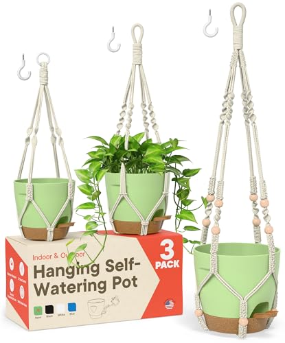Green Hanging Self Watering Pots with Macrame Ivory Rope, 3 Pack Indoor & Outdoor Hanging Plant Pots with Built-in Reservoir, Wick Rope, Drainage Holes & Hooks, Stylish Boho Decor Hanging Planter - color: Green