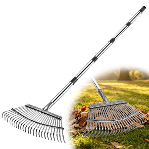 Heavy Duty Garden Rake, Metal Leaf Rake with 73 Inch Adjustable Handle and 25 Tines for Lawn, Yard, Garden Beds, Leaves, Debris and Shrubs