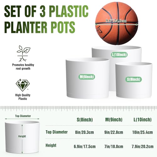 10/9/8 Inch Plant Pots 3 Pack, with Drainage Hole & Saucers - color: Matte White