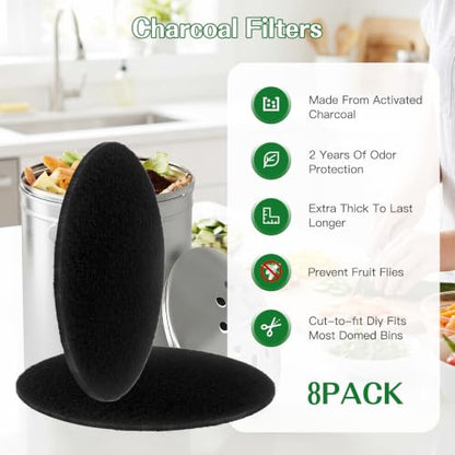 Charcoal Filters for Kitchen Compost Bin, 8Pcs Compost Filters for Countertop Bin Pail Replacement, Activated Charcoal, Round 7.25 Inch