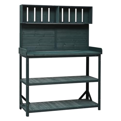 Outdoor Potting Bench Table with Storage, Farmhouse Wood Garden Tables with Storage Shelves and Side Hooks, Potting Tables for Outside, Patio, Backyard, Easy Assembly, Dark Green - size: 65'' Dark Green