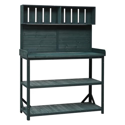 Outdoor Potting Bench Table with Storage, Farmhouse Wood Garden Tables with Storage Shelves and Side Hooks, Potting Tables for Outside, Patio, Backyard, Easy Assembly, Dark Green - size: 65'' Dark Green