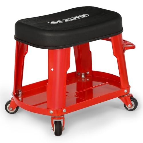 M-AUTO Heavy Duty Garage Rolling Work Seat 300LBS Capacity Mechanics Stool with Wheels, Equipment Tray and Tool Rack, Rectangle Mechanic Roll Chair, Red, (M-AUTO A03-RS-004-RD) - color: Red