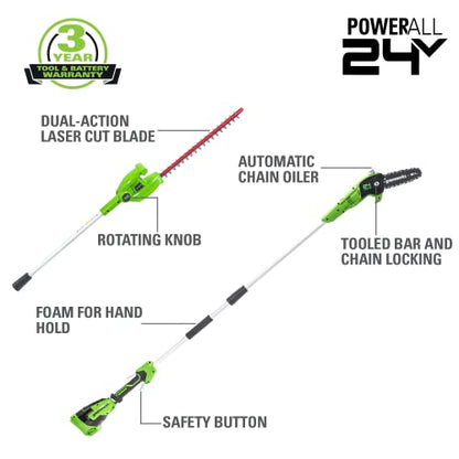 Greenworks 24V 8" Cordless Polesaw + 20" Pole Hedge Trimmer Combo (Great For Pruning and Trimming Branches / Shrubs), 2.0Ah Battery and Charger Included - size: 8" Combo (2.0Ah), style: Polesaw