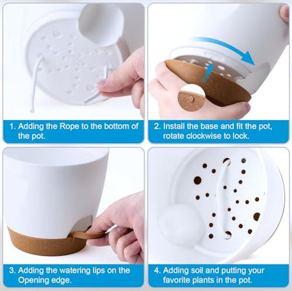 5-Pack Plant Pots with Drainage 7/6.5/6/5.5/5 Inch Self Watering Pots for Indoor Outdoor Plants, Plastic Flower Pots with Drainage Holes and Removable Saucers, Plant Pots with Wicking Rope (White)