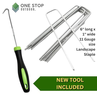 200-Pack 6 Inch Galvanized Landscape Staples 11 Gauge Garden Stakes Landscaping Fabric SOD Pins, Yard Stakes, Weed Barrier Fabric - with Removal Tool (200, Galvanized)