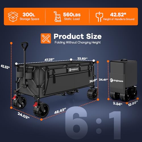 Originsure 300L Beach Wagons Carts Foldable with Big Wheels, 560lbs, Grey - color: Gray