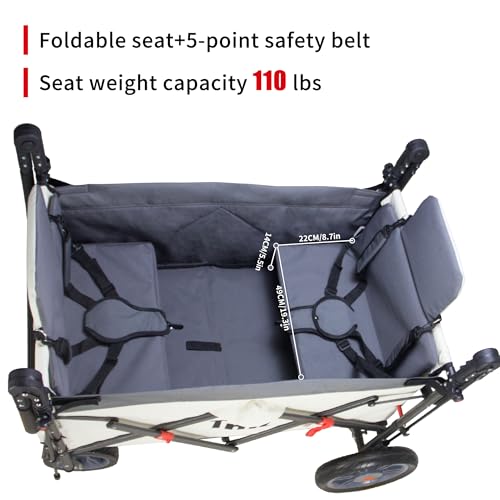 TMZ Collapsible Wagon with 2 Foldable Seats, Folding Wagon with Canopy, Multi Functional Cart with Adjustable Handle Bar, Front Expandable for Transport Camping (Grey/Beige) - color: Grey/Beige
