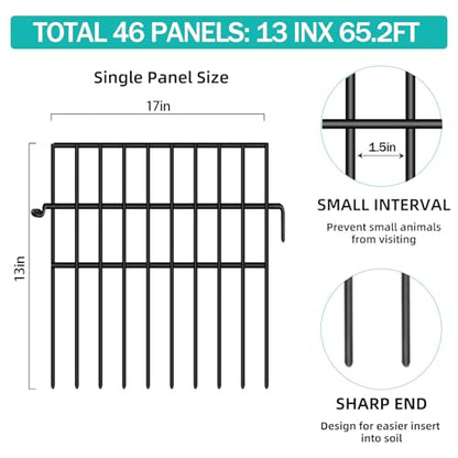 46 Panels Animal Barrier Fence, No Dig Fences, 13in(H) X 65.2ft(L) Garden Fence Animal Barrier for Rabbit and Dog Under Fencing Barrier, Rustproof Metal Fences Border for Outdoor, Yard, Patio - size: 46 Panels-65.2ft(L)x13in(H)