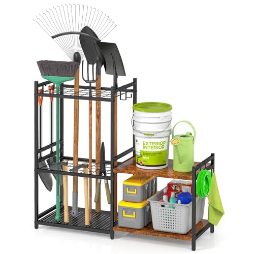 DAOUTIME Garage Tool Organizer with 2-tier Wooden Shelves, Yard Tool Organizer for Garage with 6 Hooks, Heavy duty Steel Garden Tool Rack Holds up to 35 Long Handled Yard tools for Storage, Black - size: 5 Tier