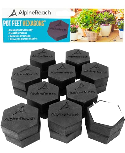 AlpineReach Extra Heavy Duty Pot Feet Risers 12 Pack Hexagons & Adhesive Pads - Protect Healthy Plants - Strong Invisible Supports Small Large Flower Planters Stability - Outdoor Lifter Toes Elevator