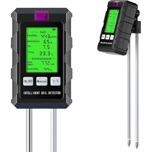 6-in-1 Soil Moisture Meter with Moisture/pH/Temperature/Sunlight/Air Humidity/Fertility, Soil Tester for Farming, Gardening and Outdoor Plants (2*AAA Battery Needed)| Factory-Permanent Calibration