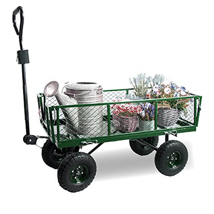 Backyard Expressions Heavy Duty 600 Lbs Capacity Mesh Steel Garden Cart Folding Utility Wagon with Removable Sides and (4) 10 Inch Wheels (Green) - style: 600 Lb