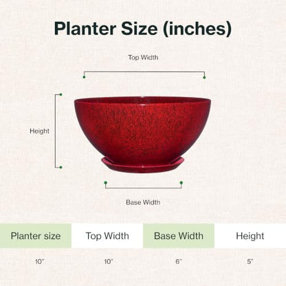 Rosie Planter Bowl, with Drainage and Saucer, 10” Lava Red - color: Lava Red