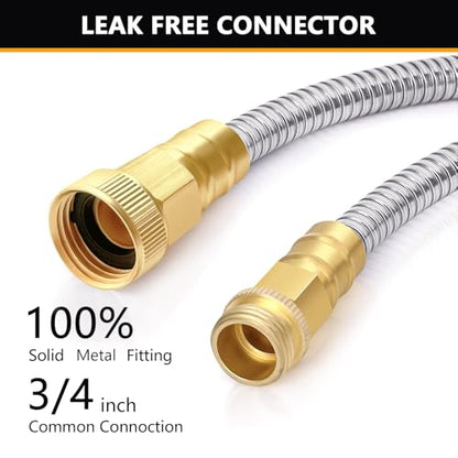 Metal Garden Hose 75ft, Stainless Steel Water Hose 75ft with 10 Function Sprayer Nozzle, Leaf-Proof Kink Free Heavy Duty Lightweight for Outdoor,Yard,Lawn,Patio, Car - size: 75ft