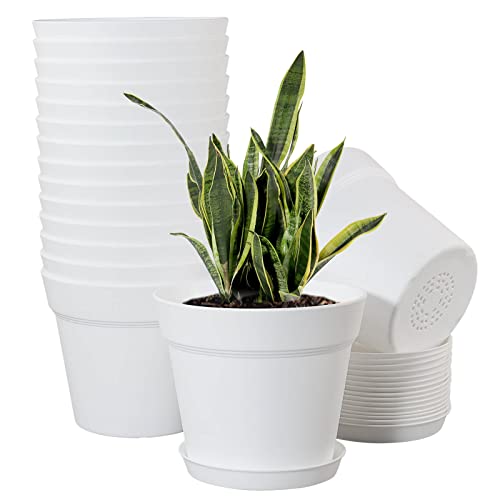 WOUSIWER 16 Pack 6 inch Plastic Planters for Indoor Flower Pots, Heavy Duty and Stylish 6 Inch Plant Pots for Indoor Plants with Drainage Holes and Tray for Plants, Flowers, White - color: White