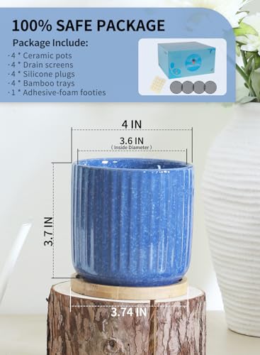 4 Inch Cylinder Ceramic Plant Pots with Trays, Blue, Set of 4 - color: Blue(4inch)