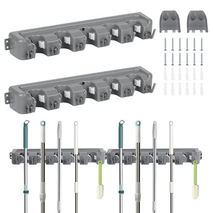 HOME MASTER HARDWARE (2 Pack 16 in Broom Mop Holder Garage Storage Organizer with 5 Racks 6 Hooks Adjustable Wall Mounted Storage Tool for Lanudry Garage Kitchen Garden