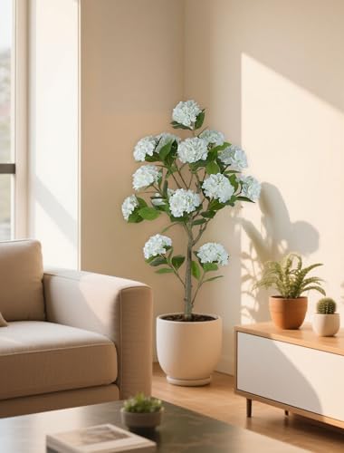 BLOSMON 5ft White Hydrangea Artificial Trees for Front Porch Planters - color: White Hydrangea