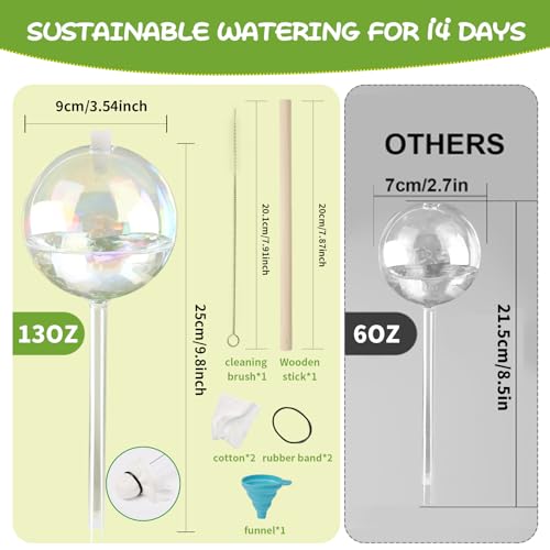 13 oz Up to 2 Weeks Large Self-Watering Plant Watering Globes, Self Watering Planter Insert, Glass Bulbs for Indoor & Outdoor Plants - Automatic Watering While Away or Vacation (Large 2-Pack)