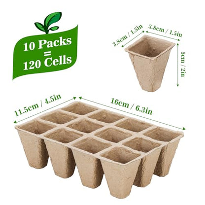 Doter 10 Packs Seedling Starter Trays 120 Cells, Biodegradable Seed Germination Trays Plant Starter Peat Pots for Seedlings