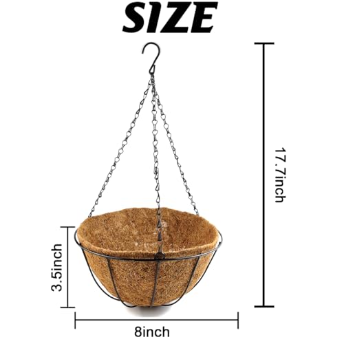 TIHOOD 2 Pack 8 inch Metal Hanging Baskets for Plants Outdoor, Wire Round Planters with Coco Coir Liner, Hanging Flower Baskets for Home Garden Porch Balcony Railings Decor