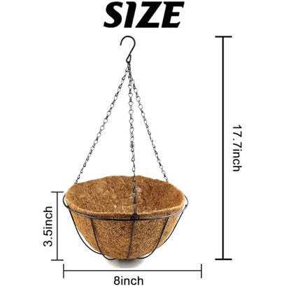 TIHOOD 2 Pack 8 inch Metal Hanging Baskets for Plants Outdoor, Wire Round Planters with Coco Coir Liner, Hanging Flower Baskets for Home Garden Porch Balcony Railings Decor