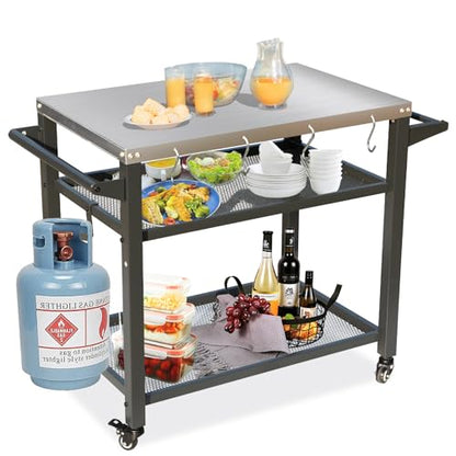 Domi 3-Shelf Outdoor Grill Table, Grill Cart with Wheels, Outdoor Pizza Oven and Food Prep Table, Blackstone with Stainless Steel Tabletop, BBQ Stand for Blackstone Griddle for Outside BBQ - style: Stainless Steel Tabletop+Mesh Shelf