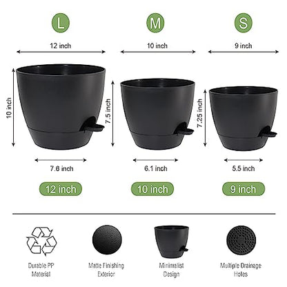 UOUZ Large Self Watering Pots, 12/10/9 Plastic Planters with High Drainage Holes and Deep Reservoir for Indoor Outdoor Garden Plants and Flowers, Black - color: Black