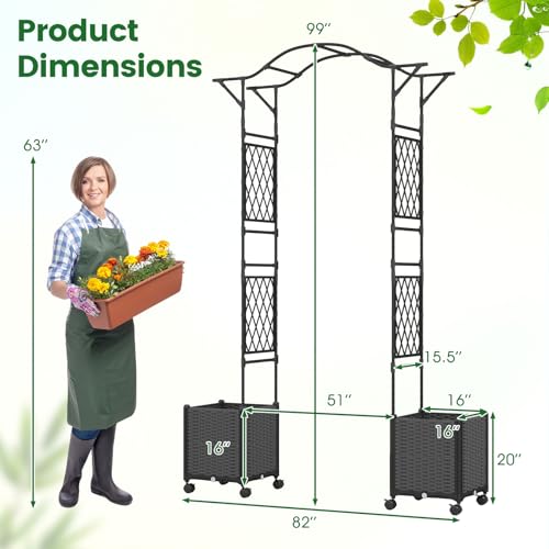 IRONMAX 8.2FT Metal Garden Arch with Planters, Arbor for Climbing Plants - size: 82" x 16" x 99"