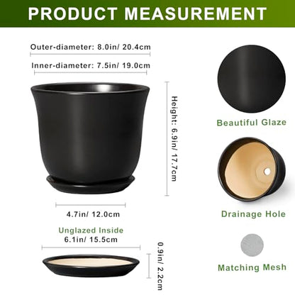 8 Inch Plant Pot, Ceramic Pots for Plants with Drainage, Black - color: Black, size: 8 Inch