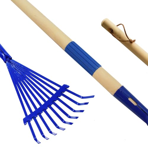 Kids Leaf Rake-Small Wooden Handle Leaf Rake with Metal Tines, 27inches /69cm Length, for Kids Enjoy Garden Cleaning Activities (Blue) - color: Blue