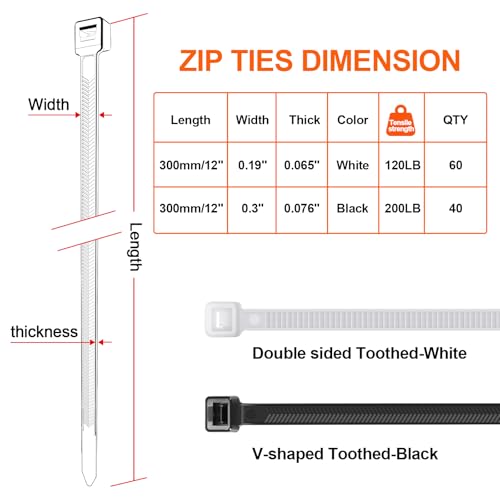 Zip Ties Heavy Duty 12+12 inch,V-Shaped Toothed Double Sided With 200 LBS Tensile Strength Cable Ties ，Extra Large Wire Ties Adjustable Nylon Tie Wraps for Indoor Outdoor Black and White（100 Pack） - size: 12+12 inch 100 Pack （120-200 Lbs ）