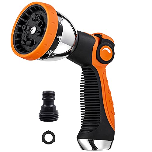 Garden Hose Spray Nozzle,10 Hose Metal Duty Watering Patterns Thumb Control On Off Valve, High Pressure Nozzle Sprayer for Plants, Car Wash,Cleaning,Showering Pets - color: Orange