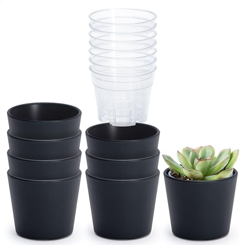 Phoenix Vine 3.5 Inch Black Plastic Cachepot with Clear Nursery Pot, Decorative Lightweight Planter Cover with Transparent Inner Pot for Indoor Houseplants, Pack of 8, 24-A-E-8 - color: Matte Black, size: 3.5" (8 Pack)