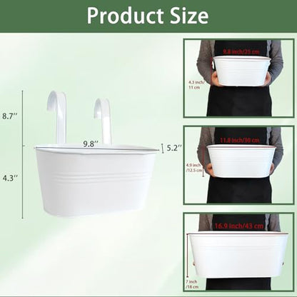 2 Pack 10" Metal Hanging Fence Planter Outdoor with Detachable Hooks, White - color: White