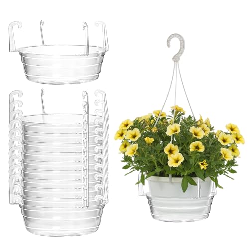 10 Pack 12 Inch Hanging Plant Water Catcher Tray, Clear Plastic Drip Pans for Hanging Baskets, Round Plant Saucer with Hooks for Indoor & Outdoor Flower Pots