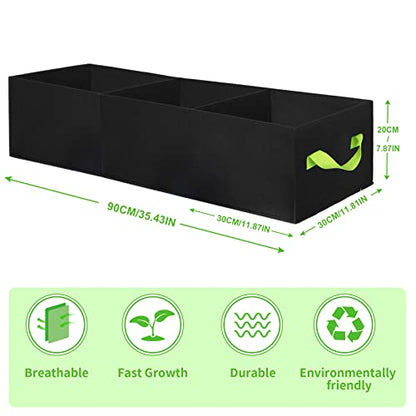ANGELIOX 2Pcs Grow Bags, 3-Grids Rectangle Grow Bag,14 Gallon Thickened 400G Fabric Garden Bed, Nonwoven Square Flower Planter Containers for Flowers,Vegetable,Fruit, Growing Pots with Handles - size: 90*30*20-2Pack