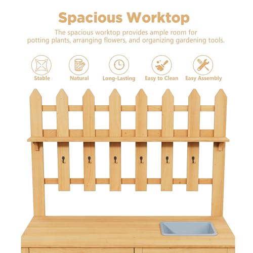 Outdoor Potting Bench, Wooden Potting Table with Built-in Sink