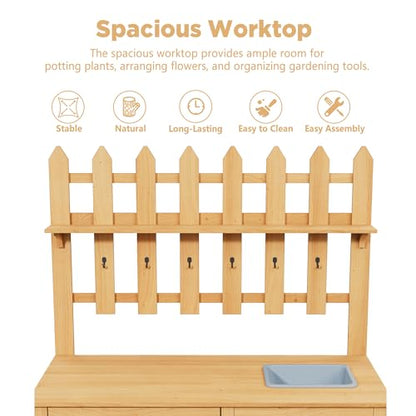 Outdoor Potting Bench, Wooden Potting Table with Built-in Sink